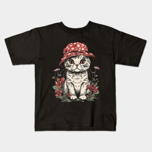 Cute Cottagecore Aesthetic Cat Mushroom Hat Kids T-Shirt